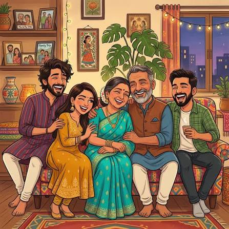 Illustration of a happy Indian family laughing together on a sofa at home